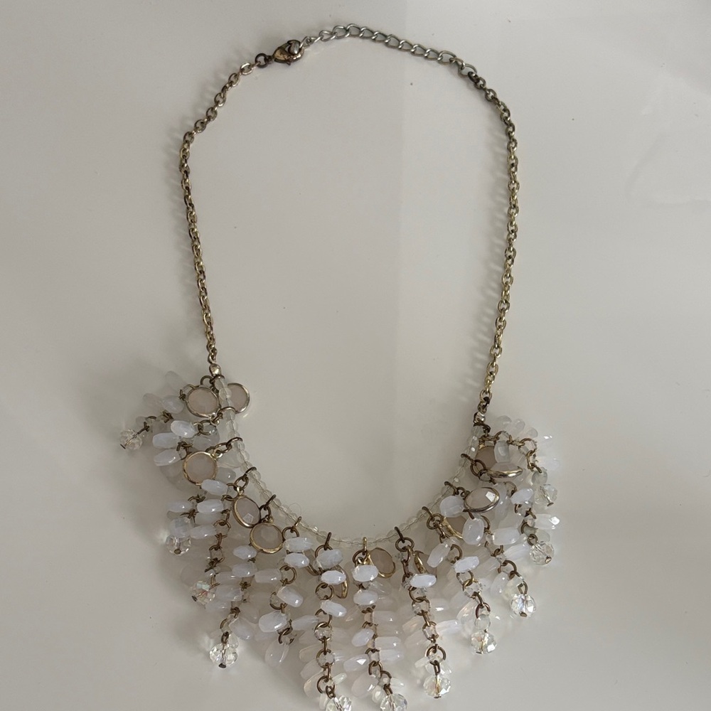 Gold-Tone White Bead Fringe Necklace